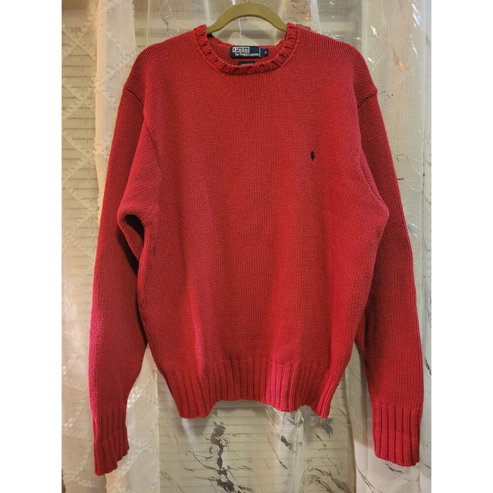 Vintage Polo Ralph Lauren Sweater XL Red Crew Neck Knit Chunky Preppy Pony 90's